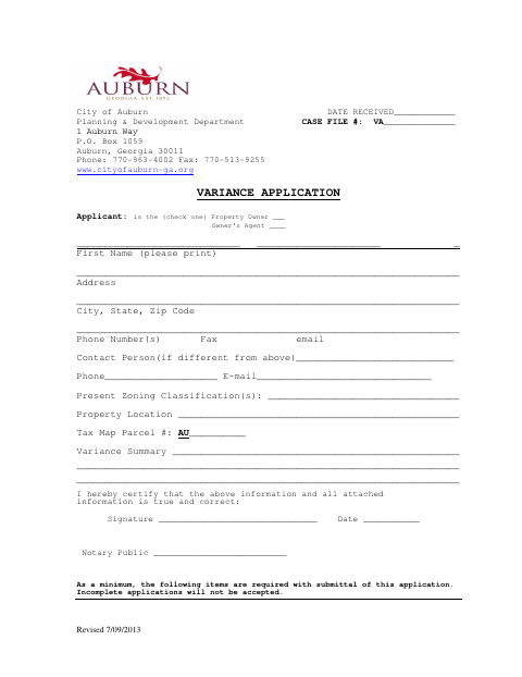 First page of the Variance Application