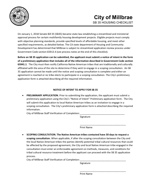 First page of the SB 35 Housing Checklist
