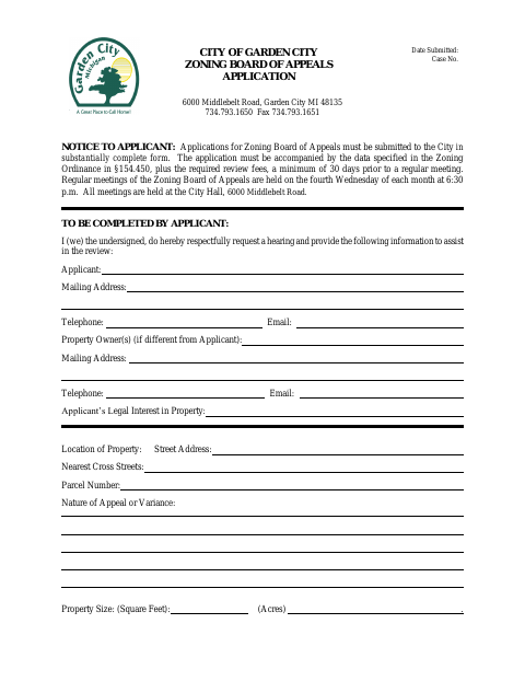 First page of the Zoning Board of Appeals Application
