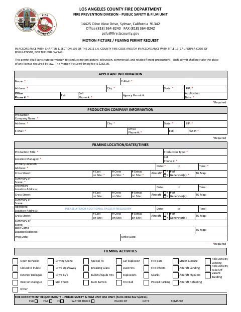 First page of the Motion Picture / Filming Permit Request