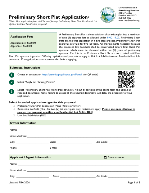 First page of the Preliminary Short Plat Application