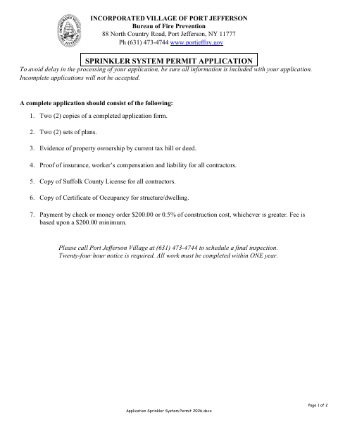 First page of the Sprinkler System Permit Application