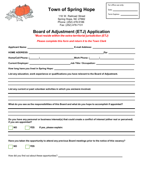 First page of the Board of Adjustment (ETJ) Application