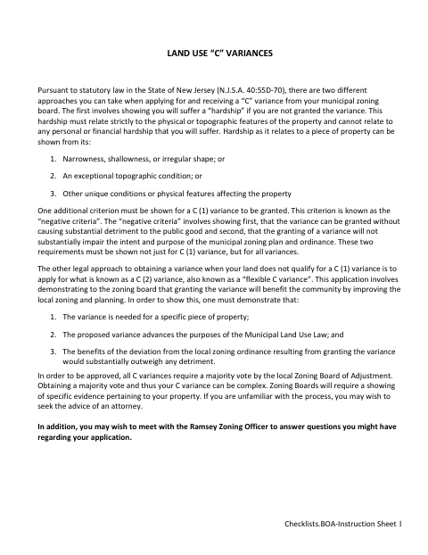 First page of the Zoning Board of Adjustment Variance Application