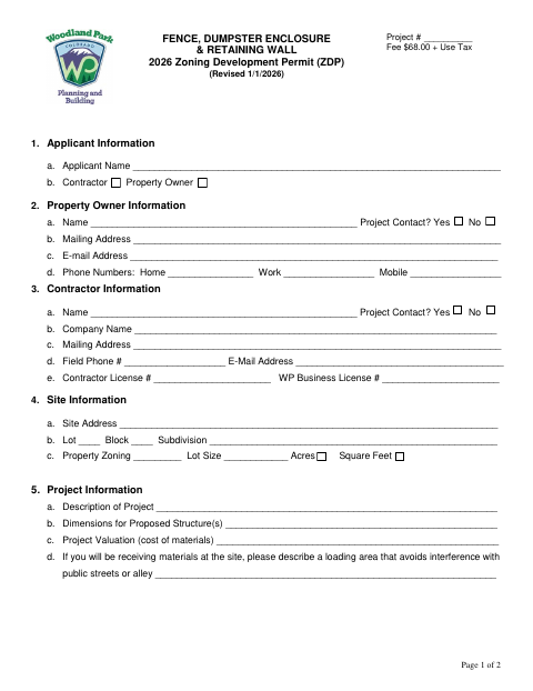 First page of the Fence, Dumpster Enclosure & Retaining Wall Zoning Development Permit Application