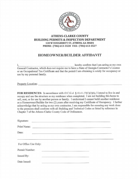 First page of the Homeowner/Builder Affidavit