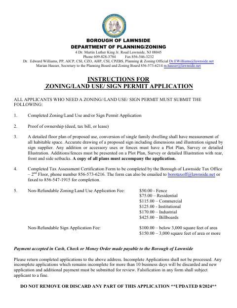 First page of the Zoning/Land Use/Sign Permit Application