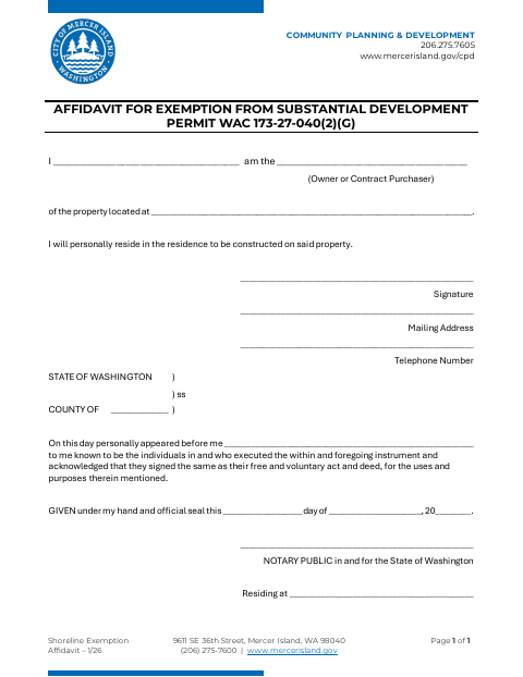 First page of the Affidavit for Exemption From Substantial Development Permit