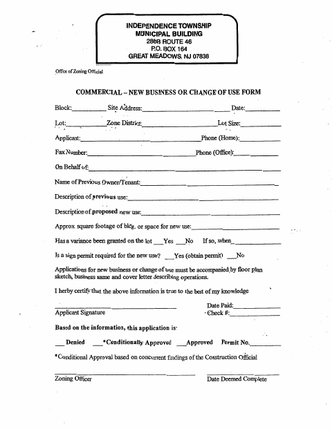 First page of the Commercial New Business or Change of Use Form