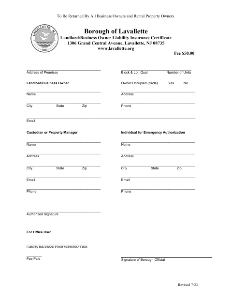 First page of the Landlord/Business Owner Liability Insurance Certificate