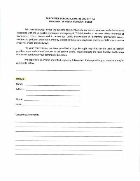 First page of the Stormwater Public Comment Form