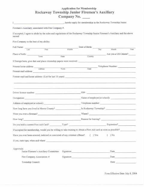 First page of the Junior Firefighter Application