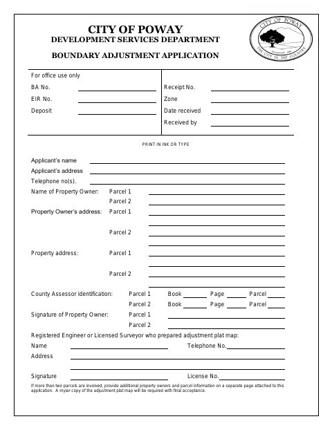 First page of the Boundary Adjustment Application and Checklist