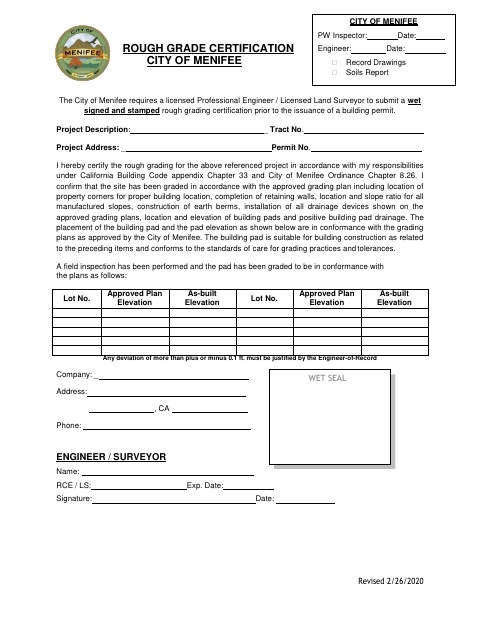 First page of the Rough Grade Certification