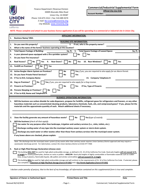 First page of the Commercial/Industrial Supplemental Form