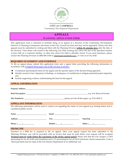 First page of the Appeals Planning Application Form