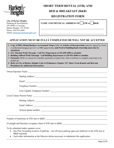 First page of the Short Term Rental (STR) and Bed & Breakfast Registration Form