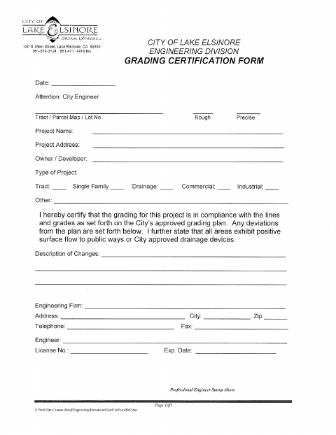 First page of the Grading Certification Form
