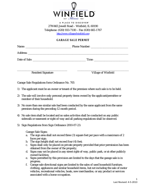 First page of the Garage Sale Permit
