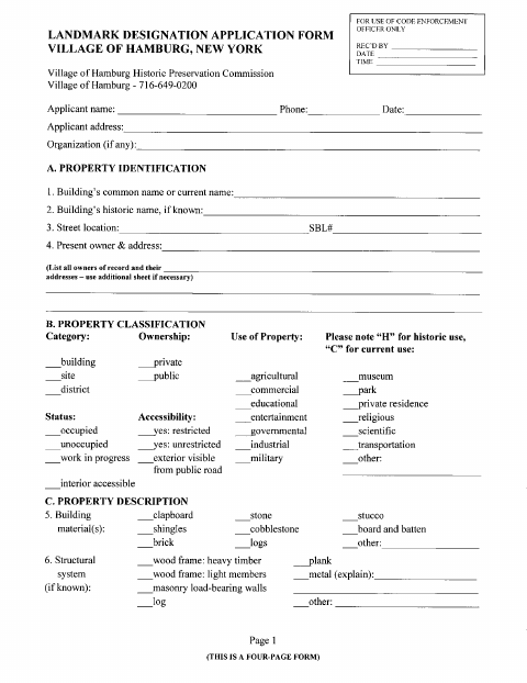 First page of the Landmark Designation Application
