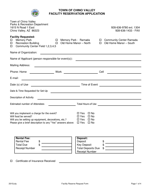 First page of the Facility Reservation Application