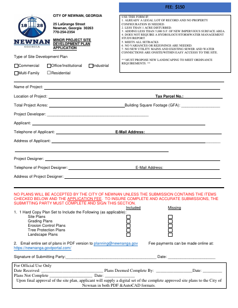 First page of the Minor Project Site Development Plan Application