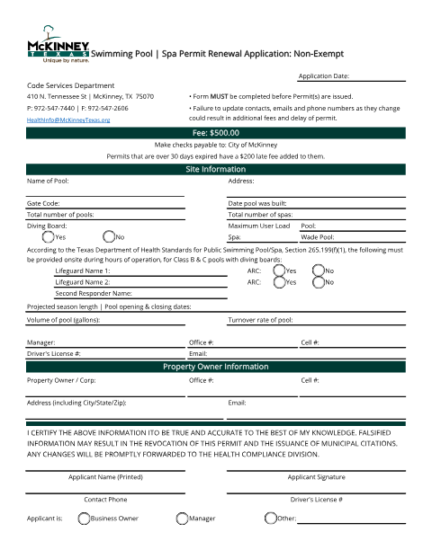 First page of the Swimming Pool/Spa Permit Renewal Application (Non-Exempt)