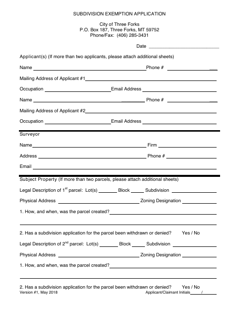 First page of the Subdivision Exemption Claim Application