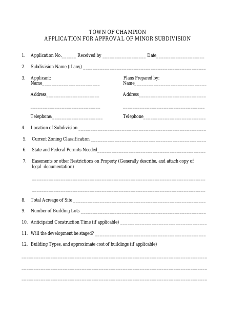 First page of the Application for Approval of Minor Subdivision