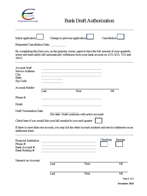 First page of the Bank Draft Authorization
