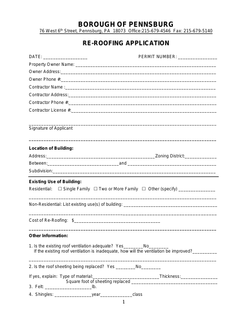 First page of the Re-Roofing Application
