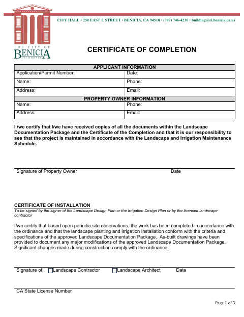 First page of the Certificate of Completion