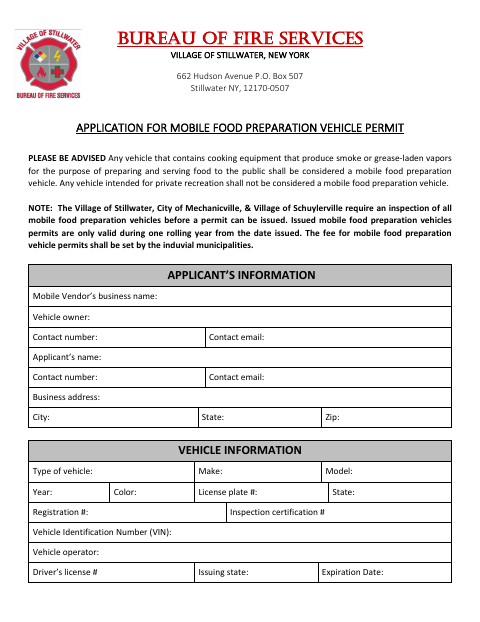 First page of the Application for Mobile Food Preparation Vehicle Permit
