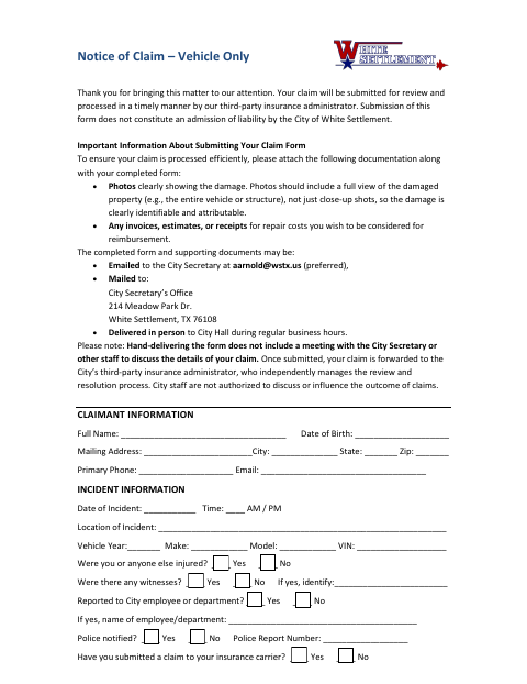 First page of the Notice of Claim – Vehicle Only
