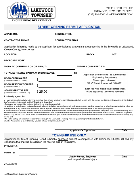 First page of the Street Opening Permit Application