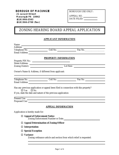 First page of the Zoning Hearing Board Appeal Application