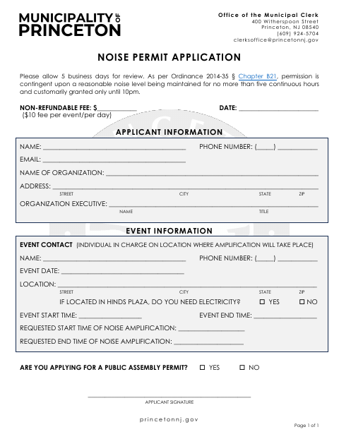 First page of the Noise Permit Application