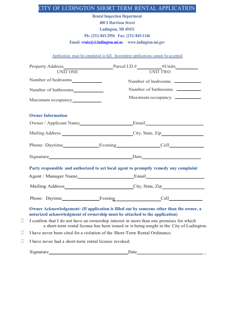 First page of the Short Term Rental Application