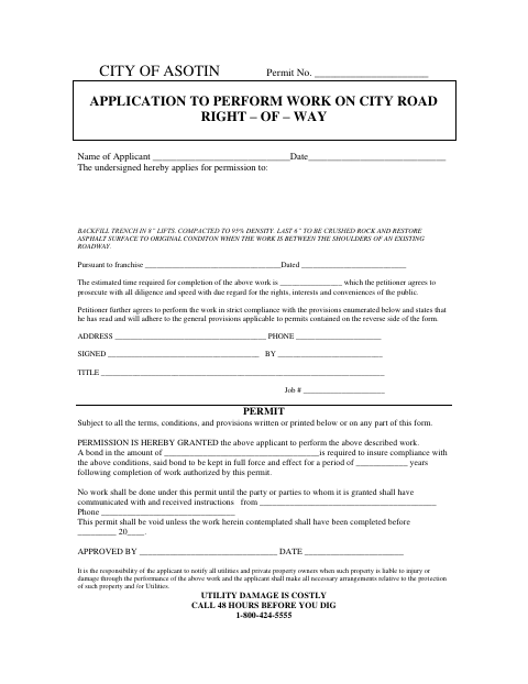 First page of the Application to Perform Work on City Road Right-of-Way