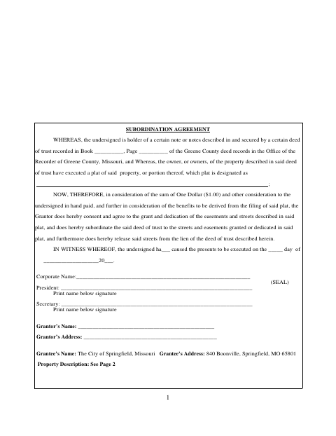 First page of the Subordination Agreement