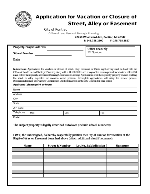 First page of the Application for Vacation or Closure of Street, Alley or Easement