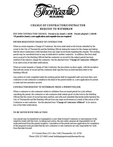 First page of the Change of Contractor Form