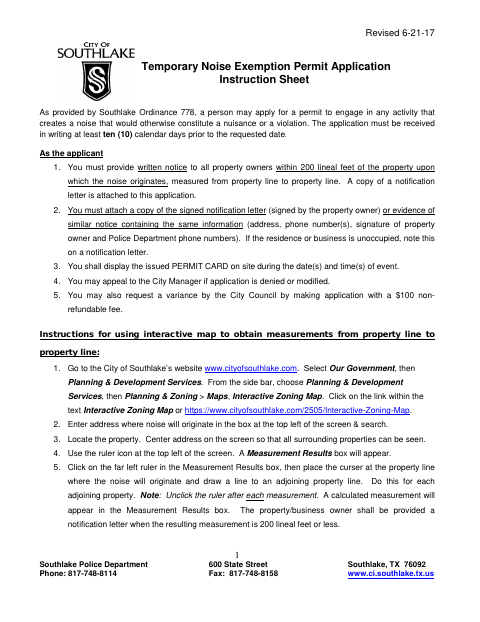 First page of the Temporary Noise Exemption Permit Application