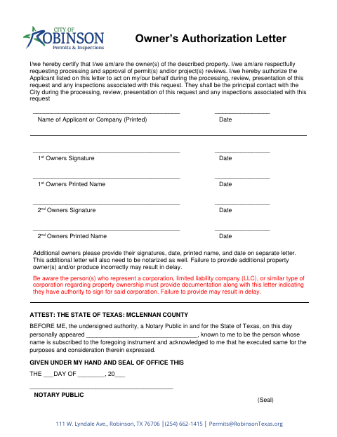 First page of the Owner’s Authorization Form