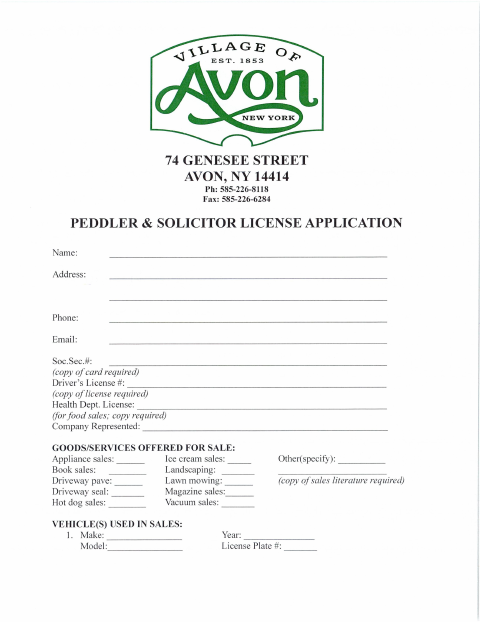 First page of the Peddler and Solicitor License Application