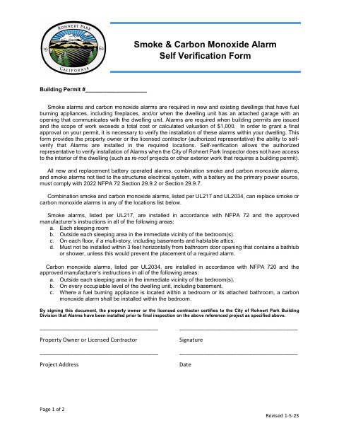 First page of the Smoke & Carbon Monoxide Alarm and Plumbing Fixture Self-Verification Forms
