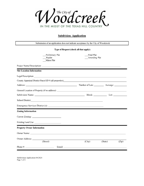 First page of the Subdivision Application