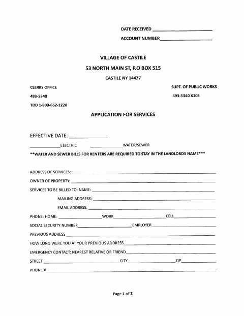 First page of the Utility Service Application