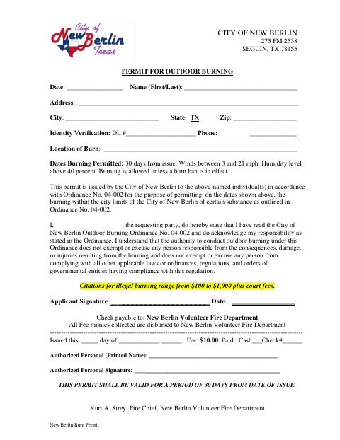 First page of the Permit for Outdoor Burning