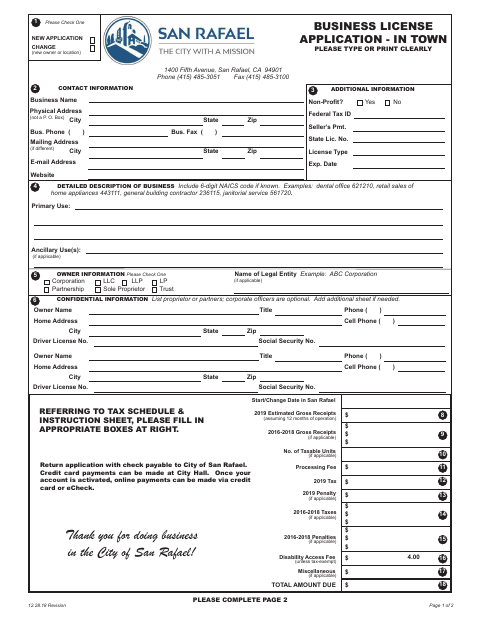 First page of the Business License Application – In Town
